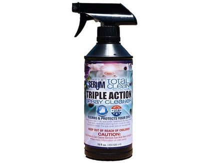Serum Total Clean is packaged in a black spray bottle with a trigger sprayer. The label looks like the inside view of a white hot tub. In black and blue letters it reads Triple action spray cleaner. Cleans & Protects your spa. Keep out of reach of children. Caution: this product can cause serious eye and skin irritation. 16 oz.