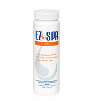 “EZ Spa Cal” is a white, cylinder bottle with a twist off lid.  The top part of the bottle says in blue, capital letters “EZ Spa”. The brand logo--an orange, swirling tear drop shape--is between the words “EZ” and “Spa”.  A bold, orange stripe centers below “EZ Spa” and  says “Cal” in white, capitalized letters. Below the orange stripe, an orange font reads, “A fast dissolving granular that raises calcium hardness in spas and hot tubs”.  The rest of the bottle has in a large, bold, blue text a warning.