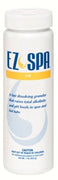 “EZ Spa Total Care” is a white, cylinder bottle. “EZ Spa” is in blue capitalized letters.  The brand logo is a yellow swirl, tear drop between “EZ” and “Spa”.  A yellow stripe centers below “EZ Spa” and  says “Up” in white lettering. Below the yellow stripe, blue lettering states this product is “a fast dissolving granular that raises total alkalinity and pH levels in spas and hot tubs. The remaining blue text gives a caution for children.
