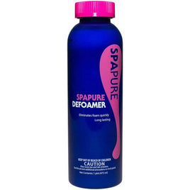 Spa Pure Defoamer is packaged in a 1 pint dark blue bottle with a pink screw on cap. The label is dark blue with a pink upside down water droplet on the right side. In white lettering it reads: Eliminates foam quickly. Long lasting. Keep out of reach of children. Caution, may cause eye and skin irritation.