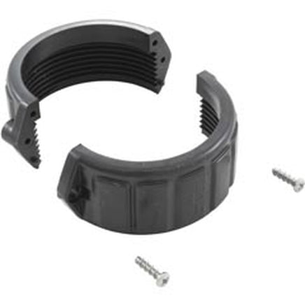 Two black semicircles oppose each other. A screw is present on each side of the circle. The interior of the circle is threaded. When placed around a pipe and secured with the supplied screws this fitting creates a replacement union nut for pool and spa plumbing.