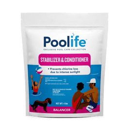 Poolife Stabilizer and Conditioner is packaged in a 4 pound resealable heavy duty bag.  A pink and blue label depicts a family around a pool. This product is cyanuric acid which prevents chlorine loss due to intense sunlight. 