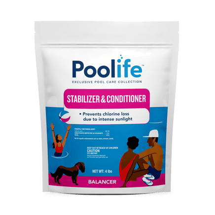 Poolife Stabilizer and Conditioner is packaged in a 4 pound resealable heavy duty bag.  A pink and blue label depicts a family around a pool. This product is cyanuric acid which prevents chlorine loss due to intense sunlight.