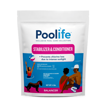 Poolife Stabilizer and Conditioner is packaged in a 4 pound resealable heavy duty bag.  A pink and blue label depicts a family around a pool. This product is cyanuric acid which prevents chlorine loss due to intense sunlight. 