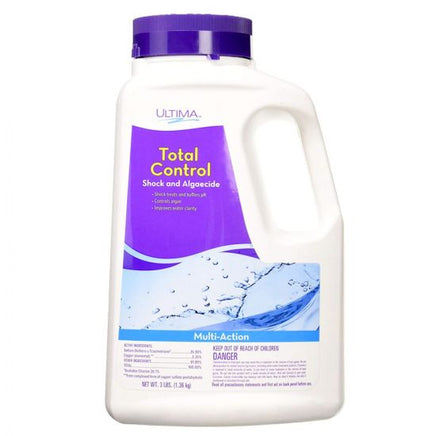 Ultima Total Control Shock and Algaecide is packaged in a white jug with a handle and a purple screw on cap and contains 3 pounds of product. A purple label fades to water droplets. Active ingredients listed are sodium diChlor and elemental copper. Warnings and instructions are located on the rear label.